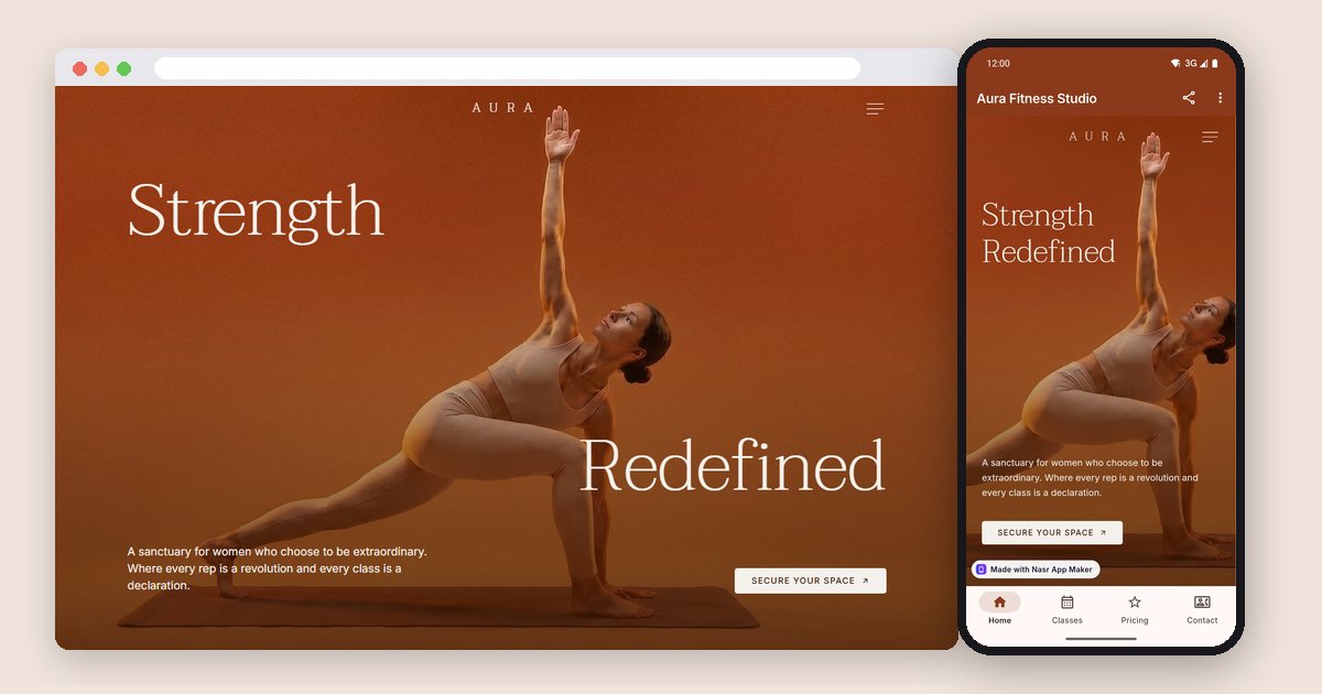 Base44's Fitness Studio template in a desktop browser next to the same site running as an Android app called Aura Fitness Studio with Classes, Pricing and Contact tabs