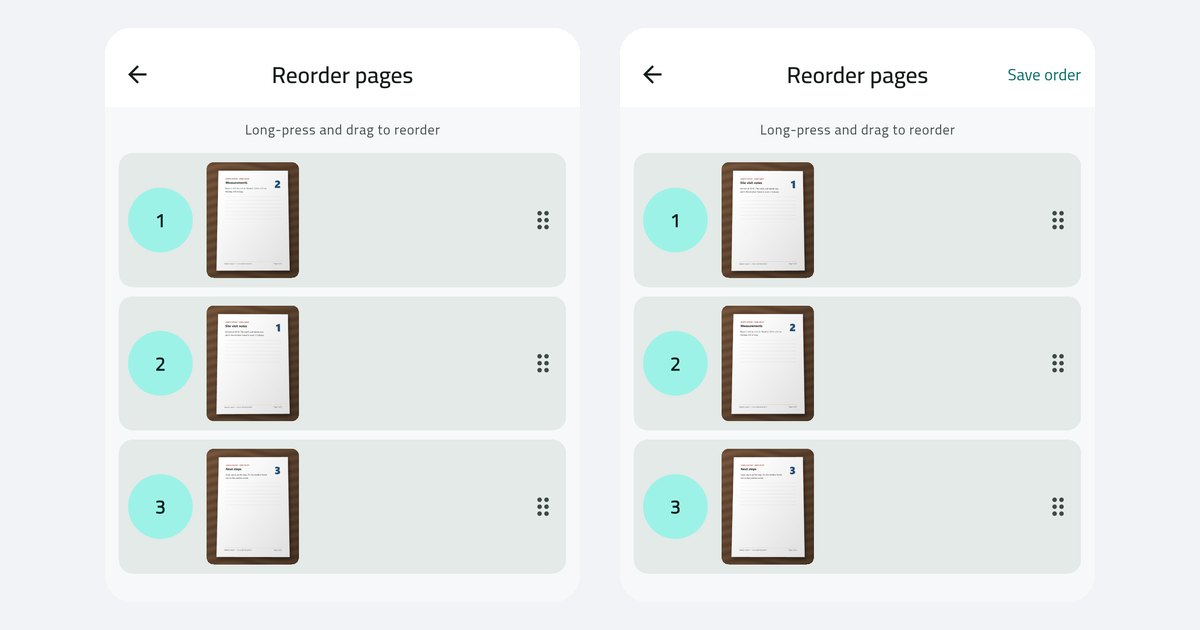 DocFlow Scanner's Reorder pages screen: three test pages before and after dragging them into order
