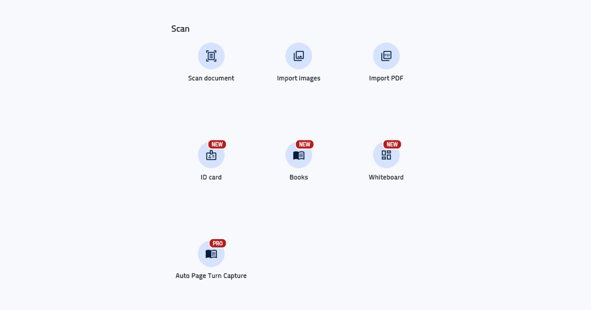The Scan row of DocFlow Scanner's Tools screen: document, imported images, PDF, ID card, book and whiteboard modes