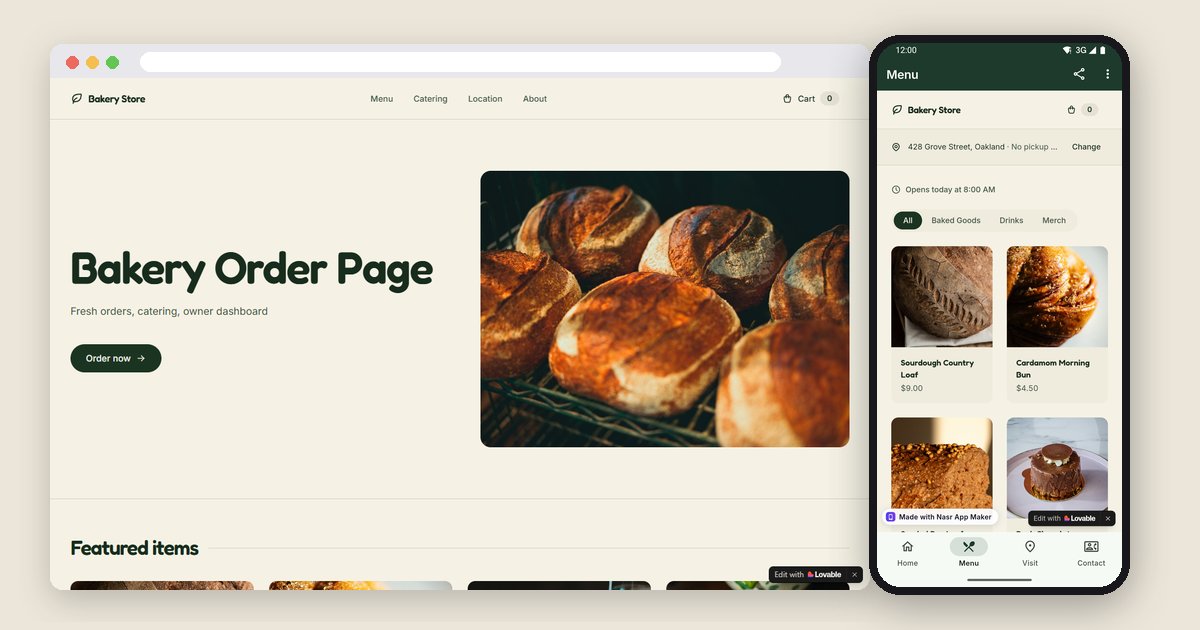 Lovable's Bakery Order Page template in a desktop browser next to the same site running as an Android app with a Menu, Visit and Contact bottom bar