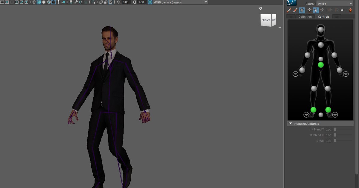 Maya 2024 HumanIK window: Character rp_eric_rigged, Source Walk1, the character walking inside the mocap skeleton