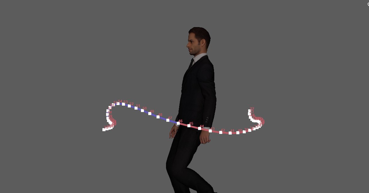 An editable motion trail on the right wrist across one arm swing in Maya 2024, with frame numbers on