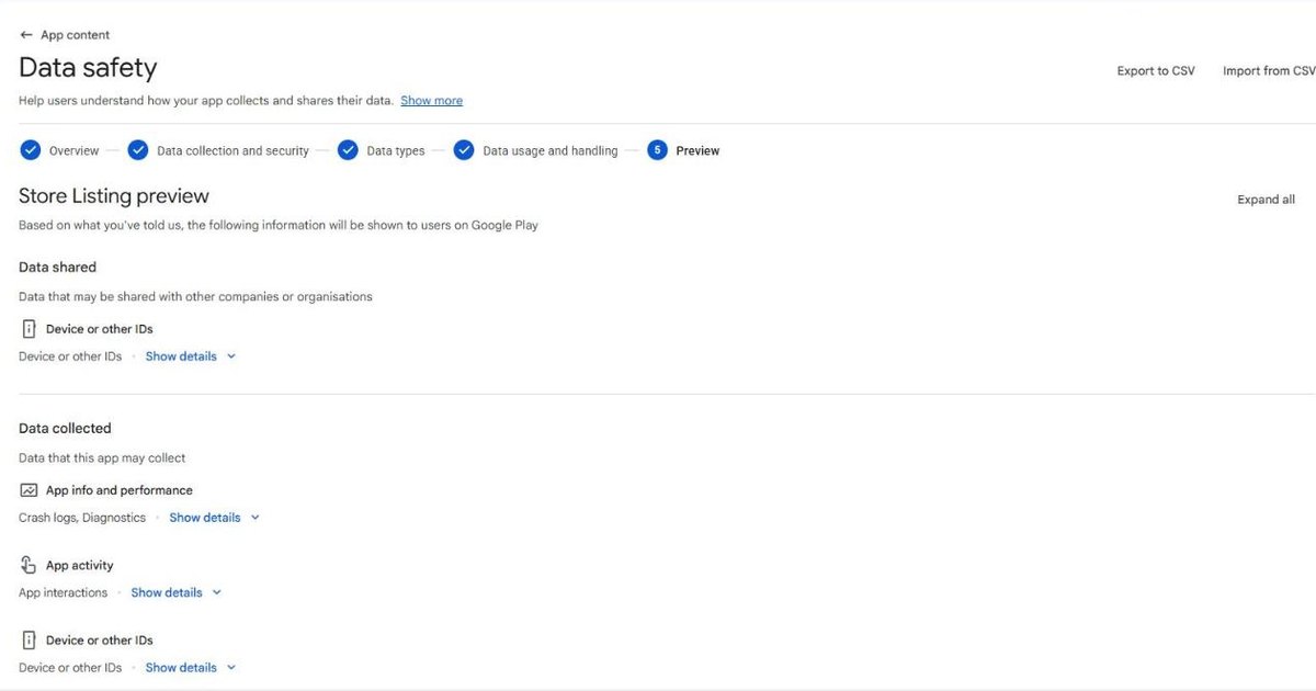 Play Console Data safety form, Store Listing preview step, for Video Repair