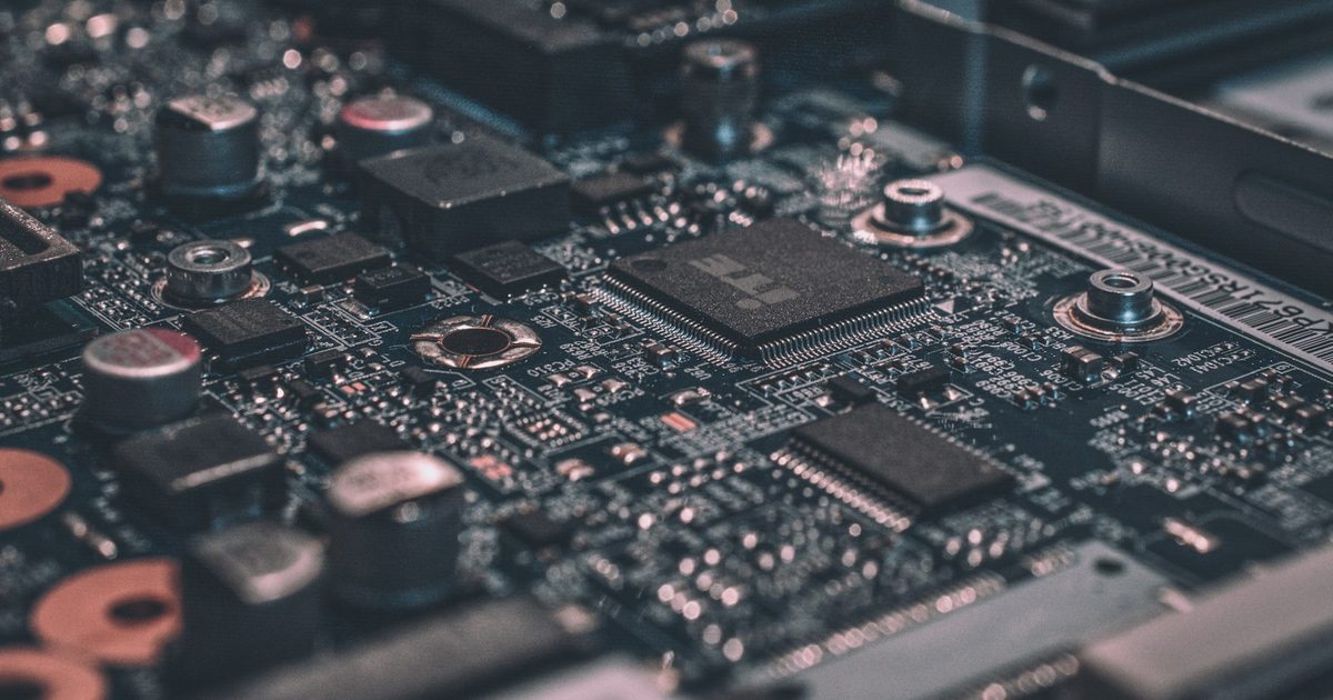 Macro close-up of a computer circuit board and processor