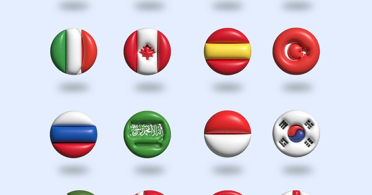 A cluster of small spheres printed with the flags of many countries
