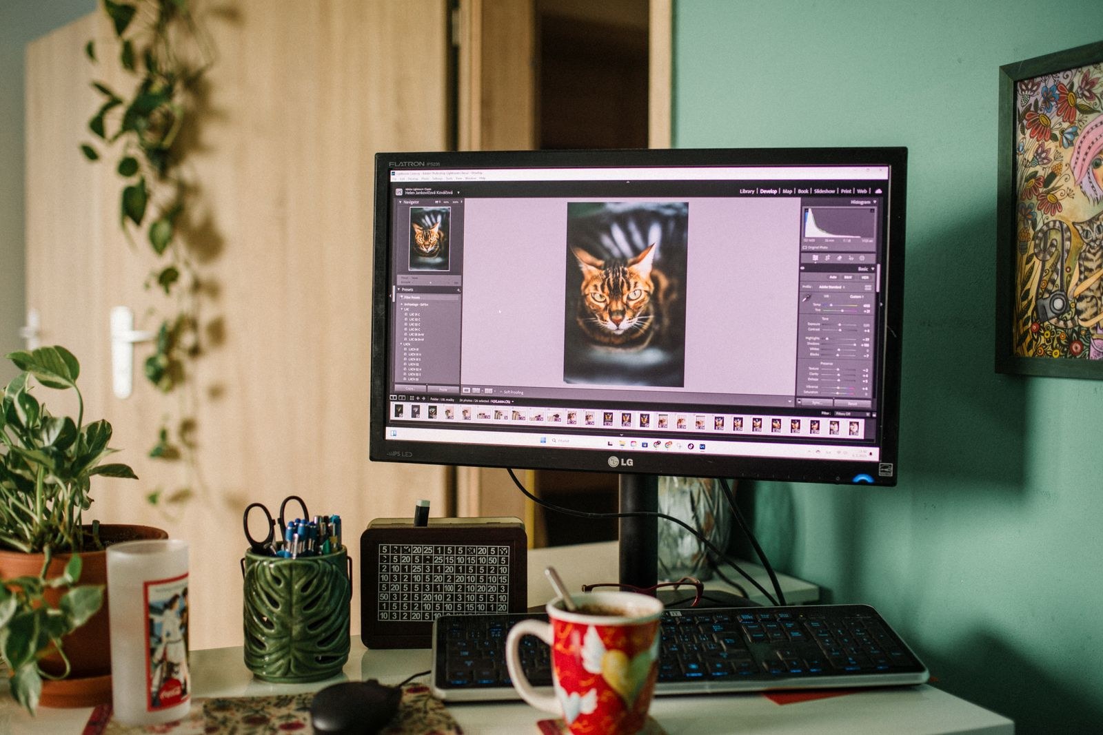 A monitor displaying photo editing at a home desk