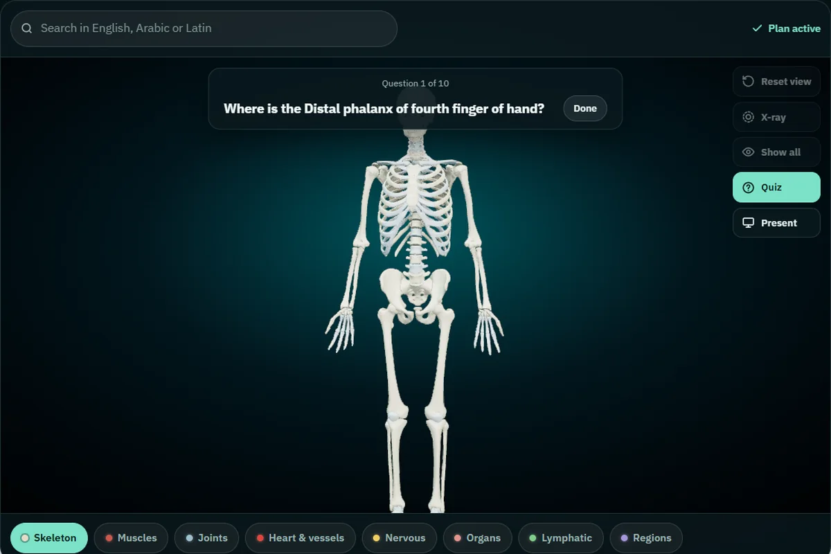 The quiz on screen: Question 1 of 10 asks where the distal phalanx of the fourth finger of the hand is, over the full skeleton