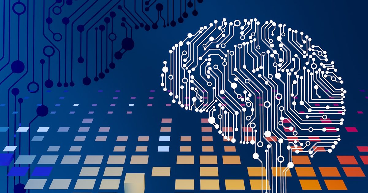 An AI-themed circuit board with a glowing brain motif