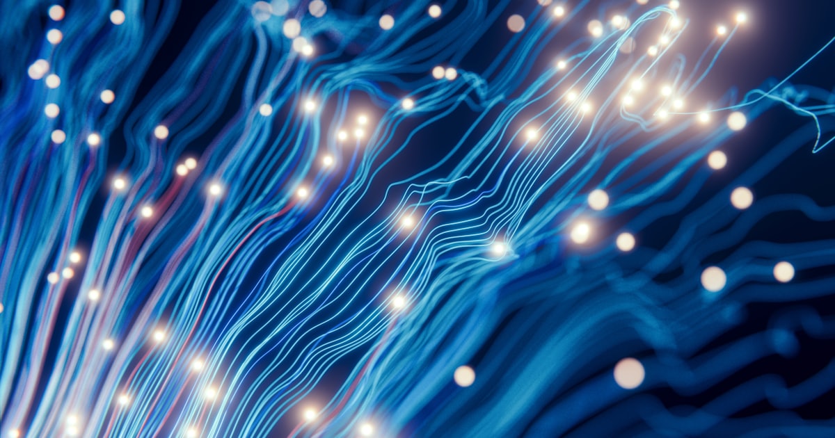 Close-up of a computer circuit board with glowing digital elements and intricate technological patterns