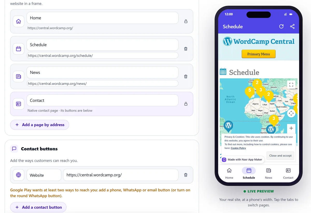 The editor with Home, Schedule, News and Contact tabs for central.wordcamp.org, one Website contact button and an orange warning that Google Play wants at least two ways to reach you; the live phone preview shows the WordCamp Schedule page