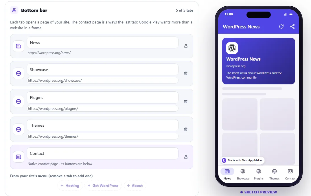 The Bottom bar editor with News, Showcase, Plugins, Themes and Contact tabs (5 of 5), the remaining menu pages greyed out, and the phone sketch with the same five tabs