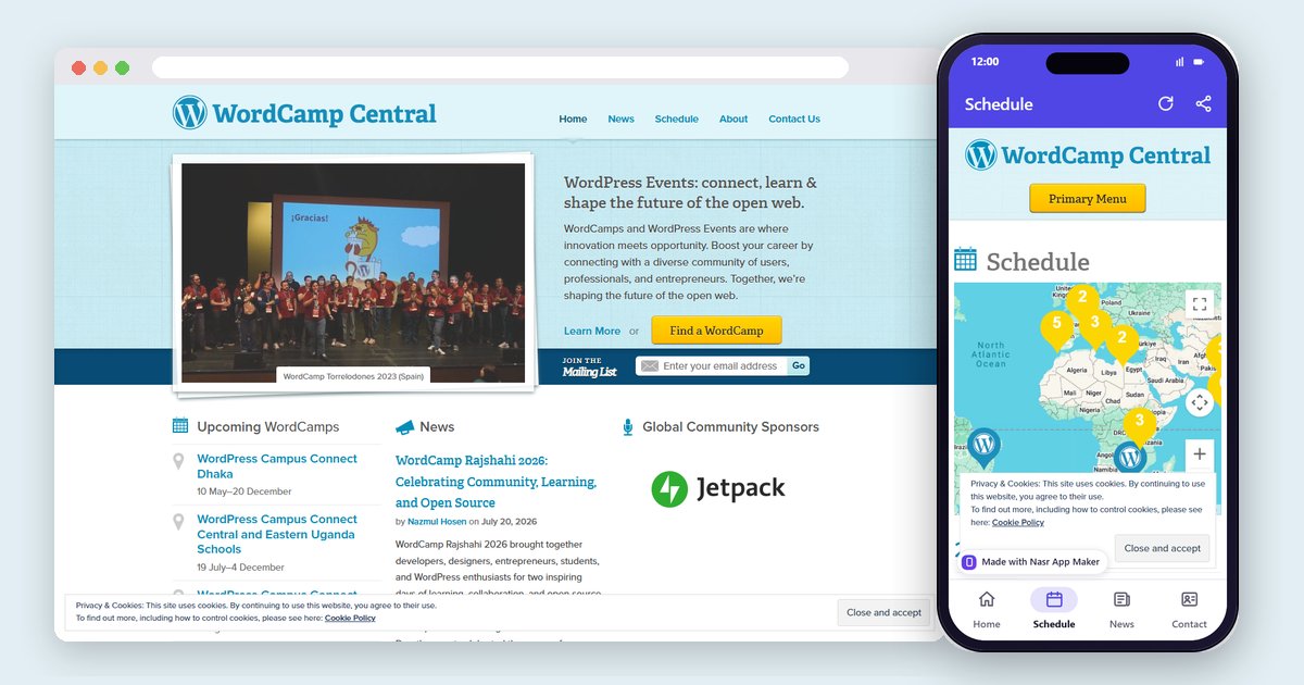 WordCamp Central, a public WordPress site, in a desktop browser next to Nasr App Maker's live phone preview of the same site with Home, Schedule, News and Contact tabs