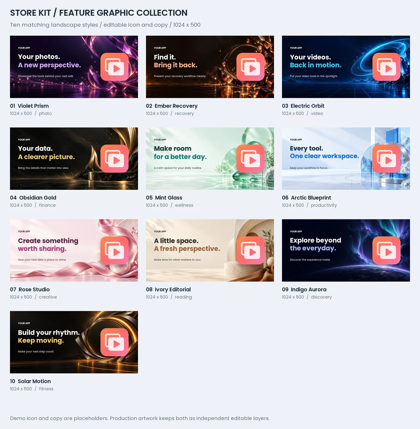 Store Kit feature graphic collection: ten matching 1024x500 styles with editable icon and copy