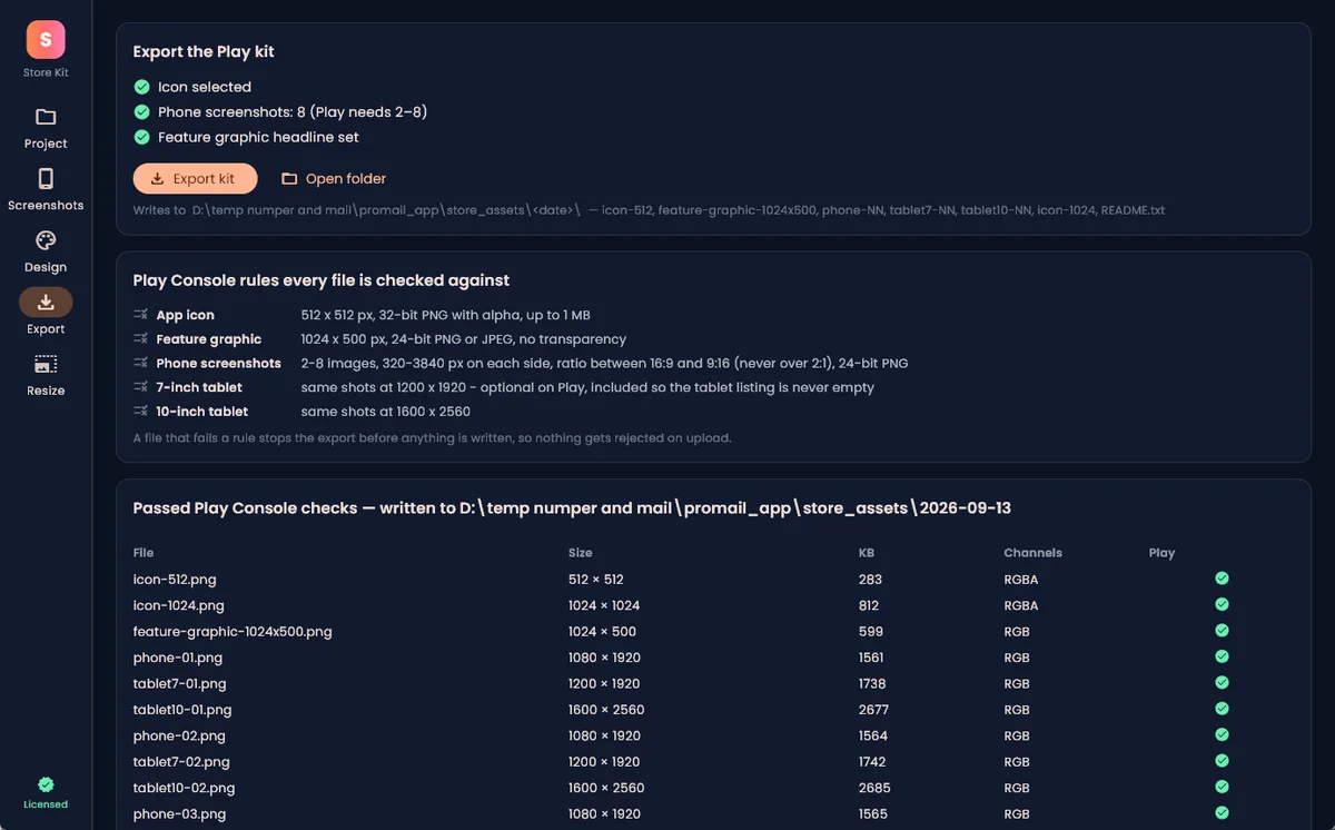 Store Kit export step: Play Console rules list and the exported files table with a green check per file
