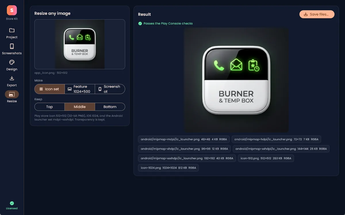 Store Kit resize step: an app icon turned into the Play, iOS and Android launcher sizes