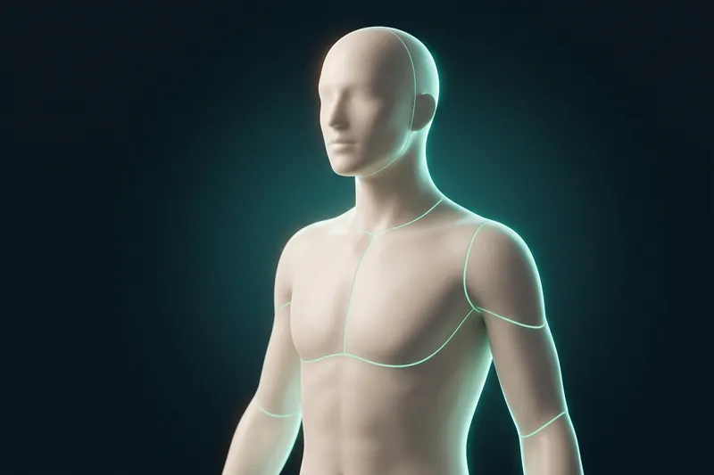 A 3D render of a figure with the regions of the body outlined