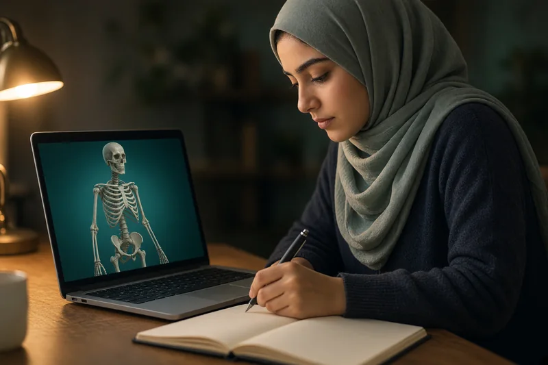 A medical student in a hijab studying a 3D skeleton on her laptop