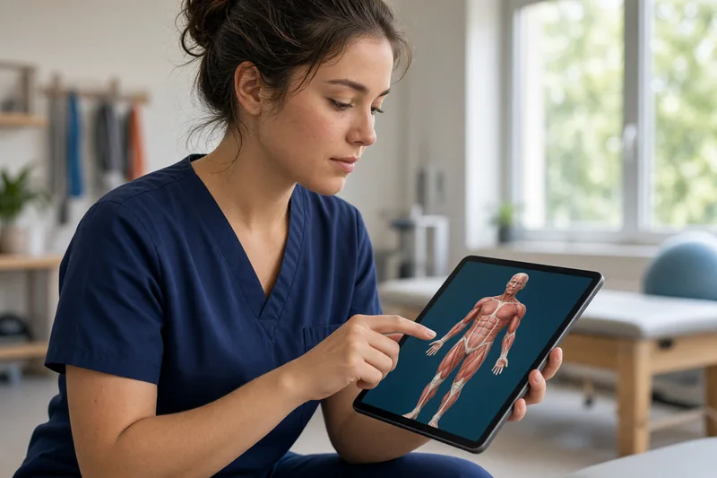 A physiotherapy student studying a 3D muscle model on a tablet