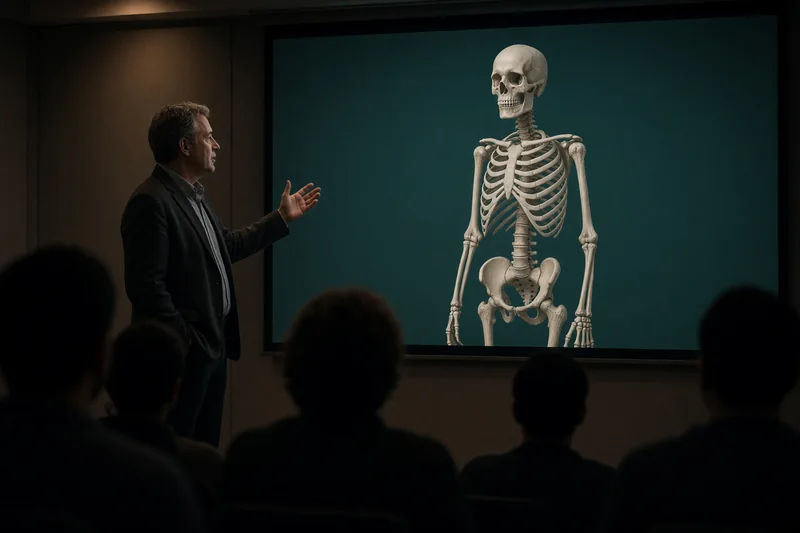 A lecturer presenting a 3D skeleton on the lecture-hall screen