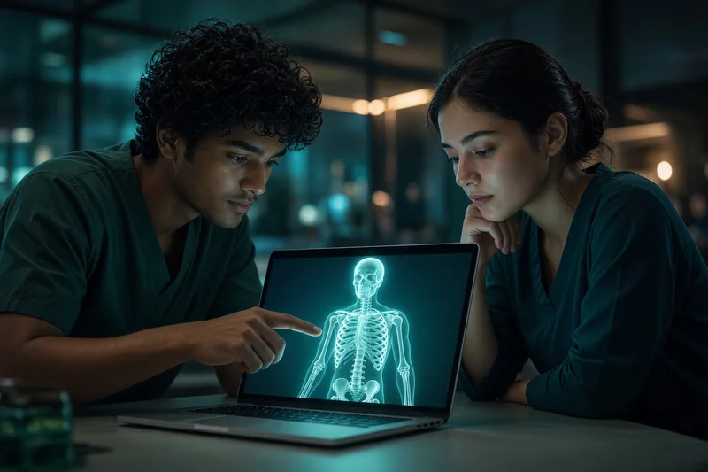 Two medical students studying a 3D skeleton on a laptop at night