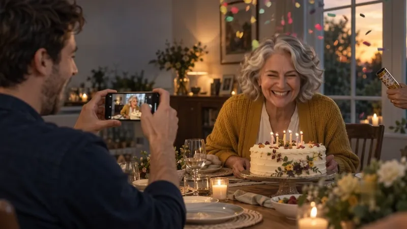 A son filming his mother blowing out birthday candles