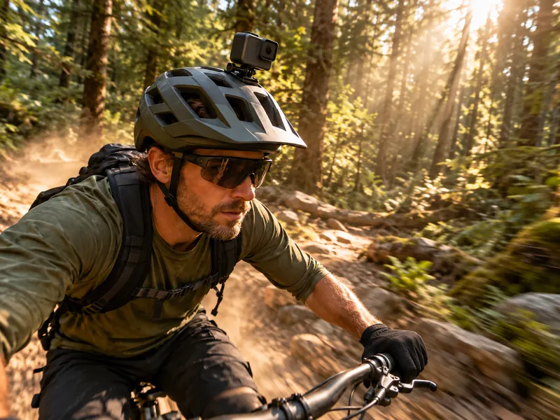 An action camera on a mountain biker's helmet in a forest