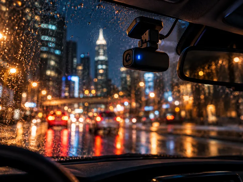 A dashcam behind a rainy windshield at night