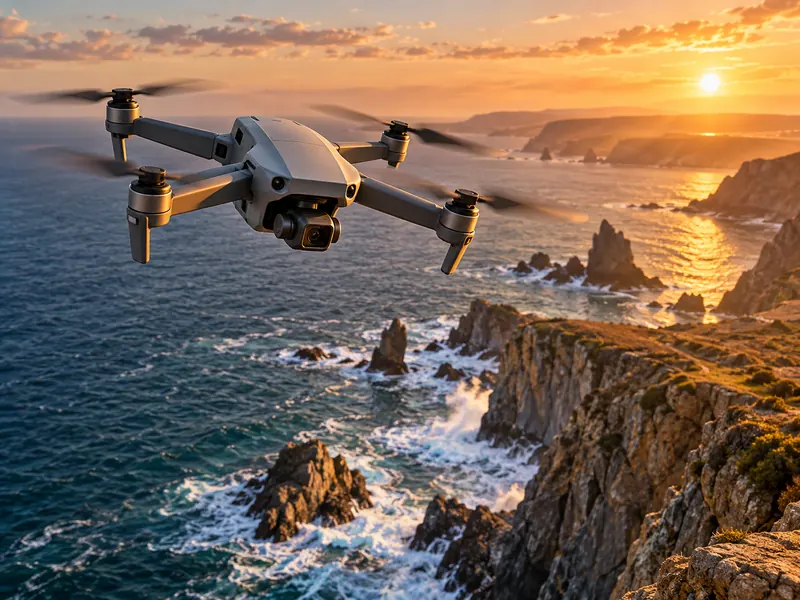 A drone flying over a rocky coast at sunset