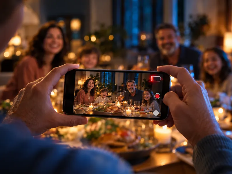 A phone filming a family dinner with its battery almost empty