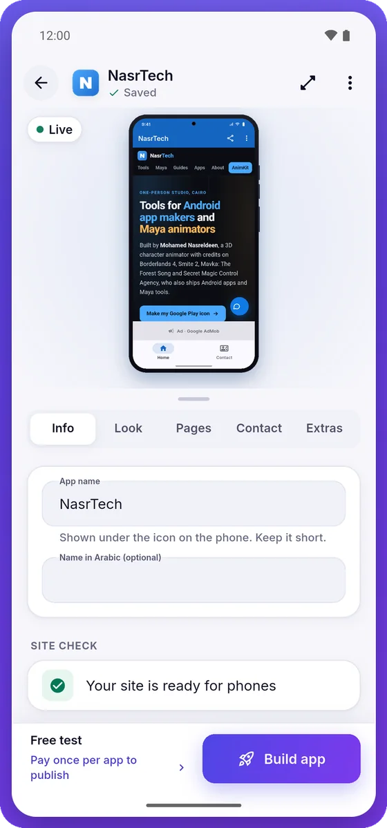 The App Maker Android app's editor, showing a live preview of a website app