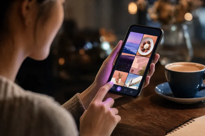 A customer in a café opens a shop's app on her phone