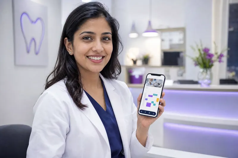 A dentist at her clinic's front desk holding the clinic's booking app