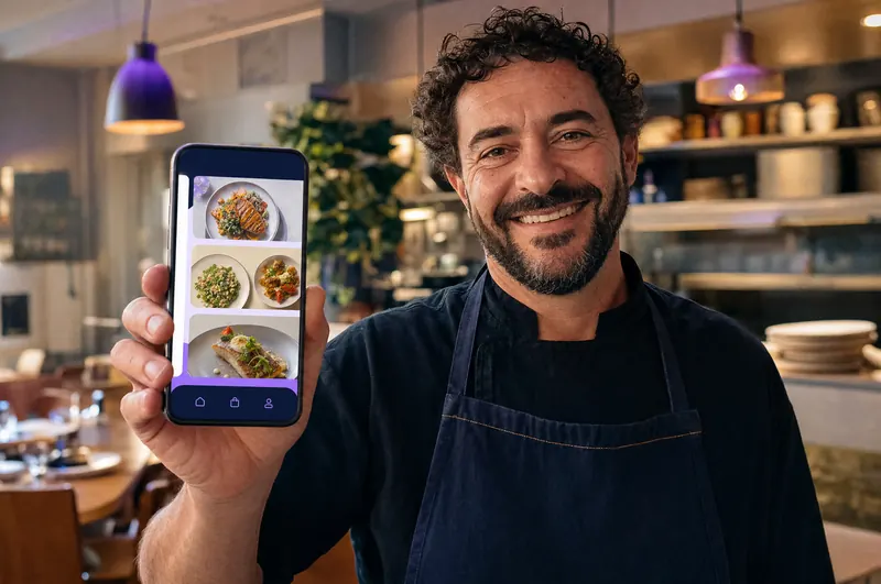 A restaurant owner showing his menu app on a phone