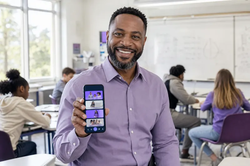 A teacher in a classroom holding up his school's app
