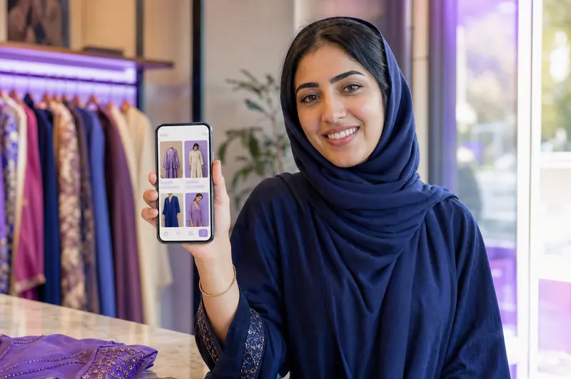 A boutique owner holding up her shop's app on a phone