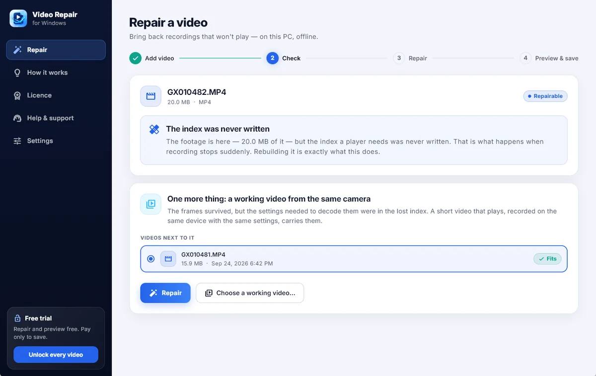 The check step: the index was never written, and a working video from the same camera was found and fits