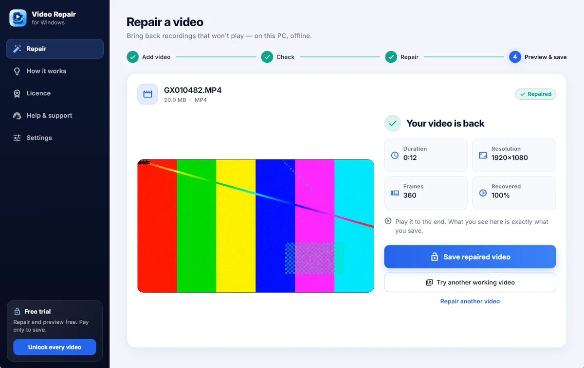 Video Repair for Windows showing a repaired video with its preview, duration, resolution and frame count