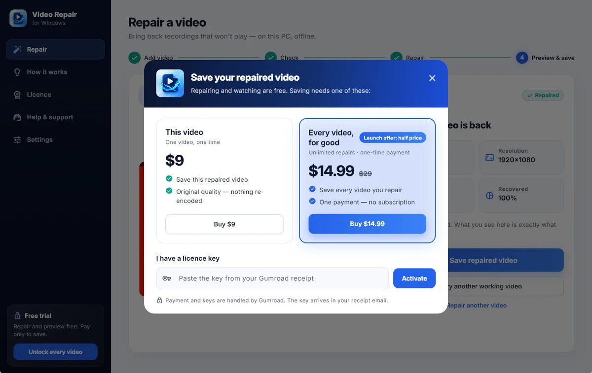 The save options: one video for $9 or every video for $14.99 during the launch offer